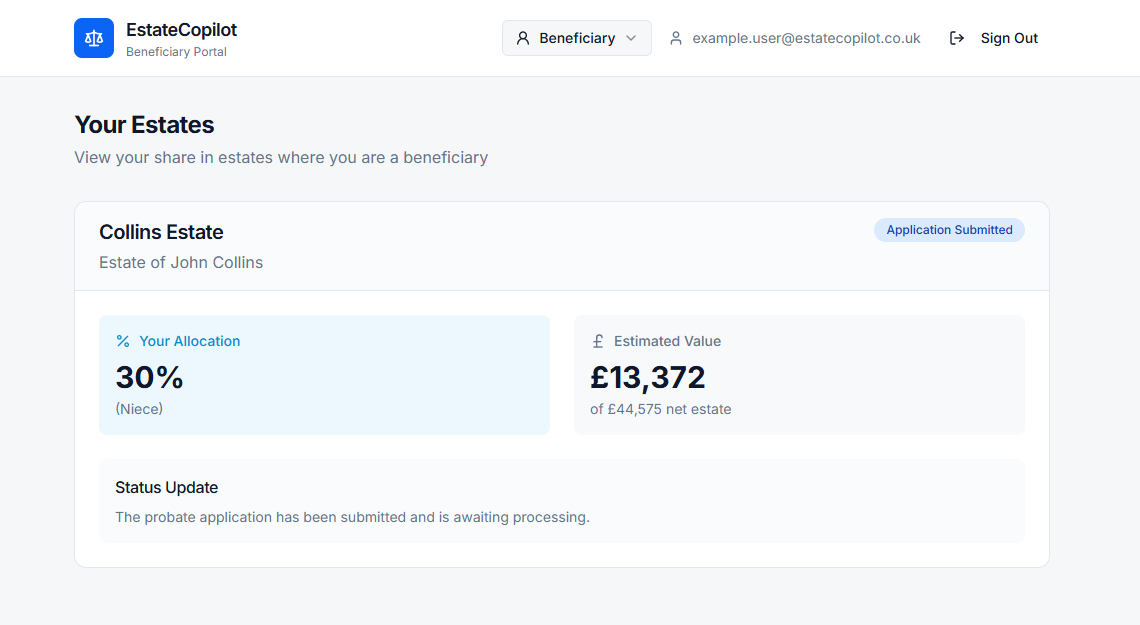 Screenshot: Beneficiary Tools in EstateCopilot
