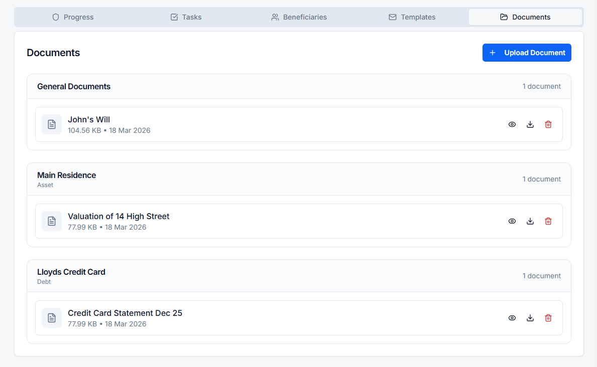 Screenshot: Document Vault in EstateCopilot