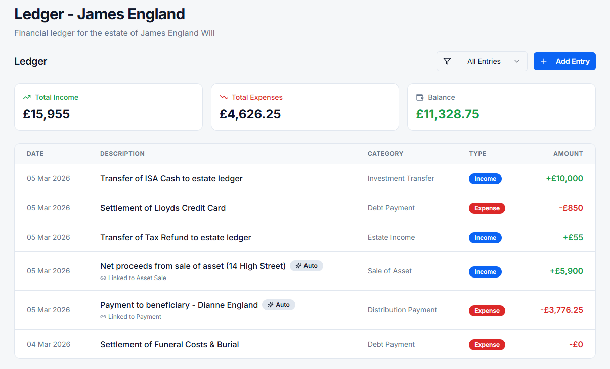 Screenshot: Complete Ledger & Financial Accounts in EstateCopilot