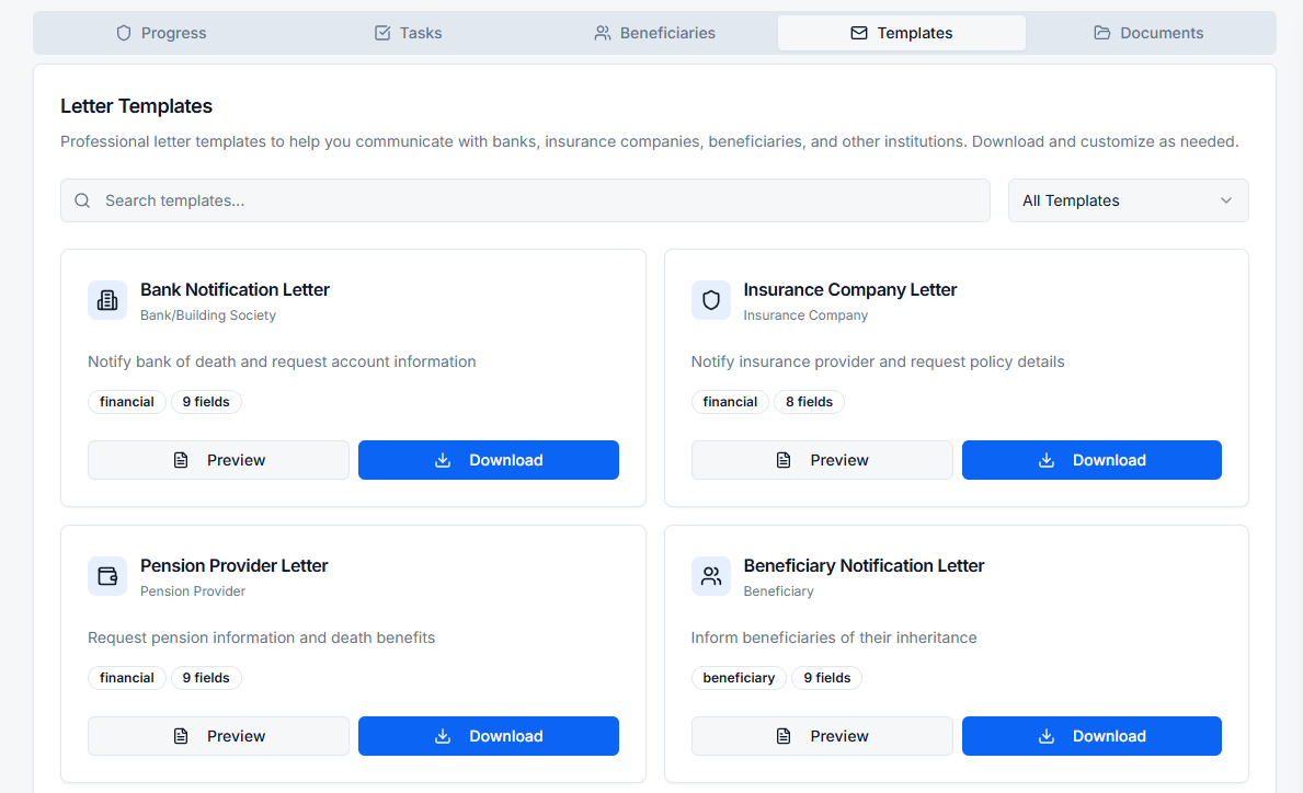 Screenshot: Letter Templates in EstateCopilot
