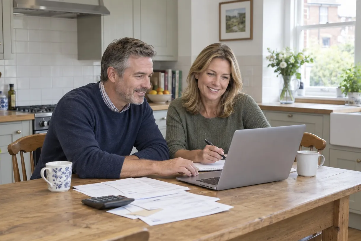 A man and a woman at their kitchen table, going through paperwork together on a laptop