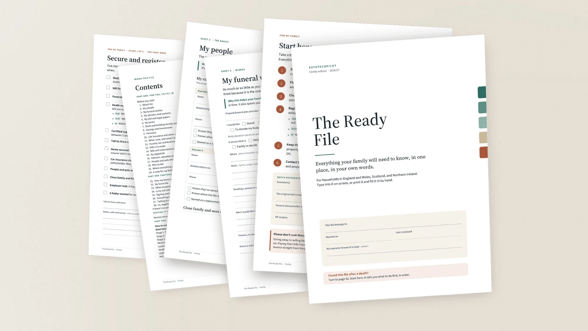 A spread of pages from The Ready File, showing where to record wills, accounts, and important contacts